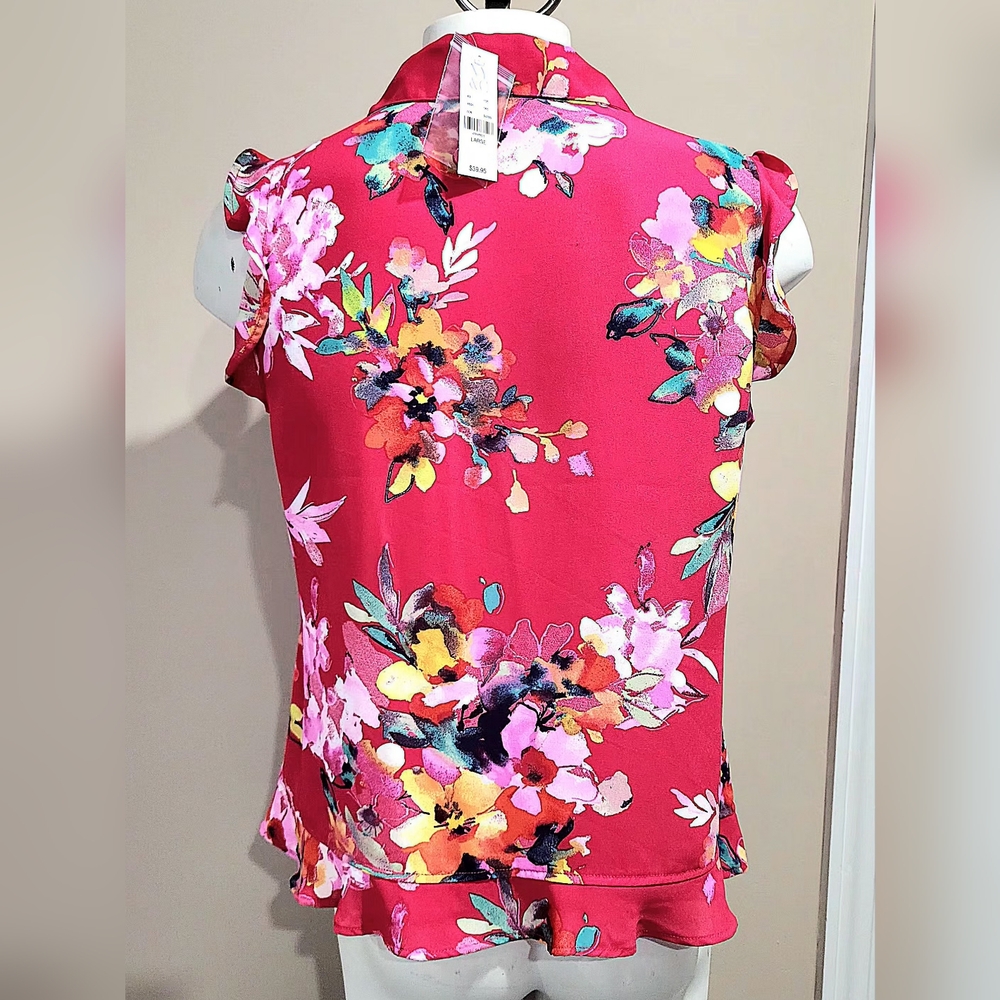 NWT NY&Company Floral Flounced-Hem Blouse Size Large - Picture 4 of 10